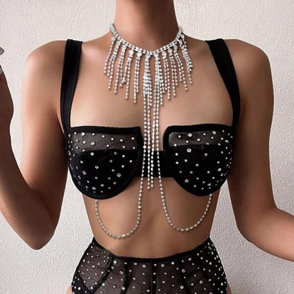 Sexy Rhinestone Non Piercing Nipple Chain Necklace for Women Crystal Tassel Chest Chain Body Jewelry Festival Rave Nipple Accessories Jewelry - 图片 3