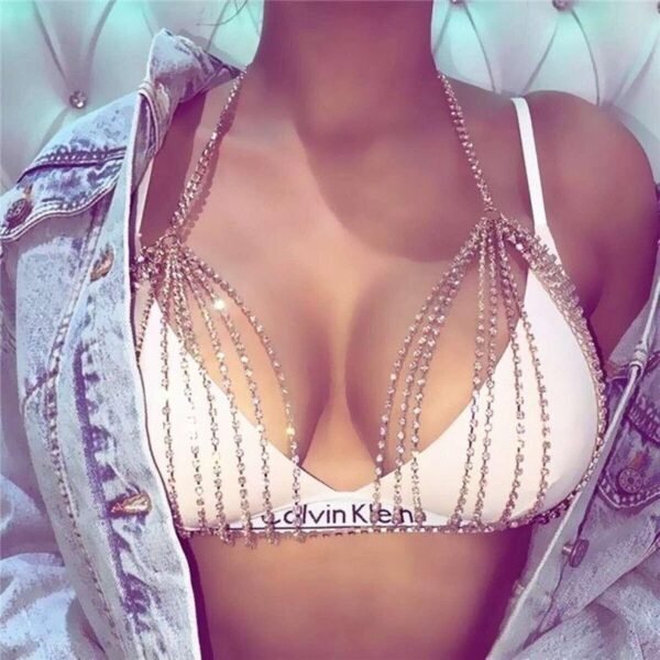 Sethain Boho Crystal Body Chain Sparkly Rhinestone Bikini Chest Chains Bra Nightclub Body Accessories Jewelry for Women and Girls (Silver) - 图片 2