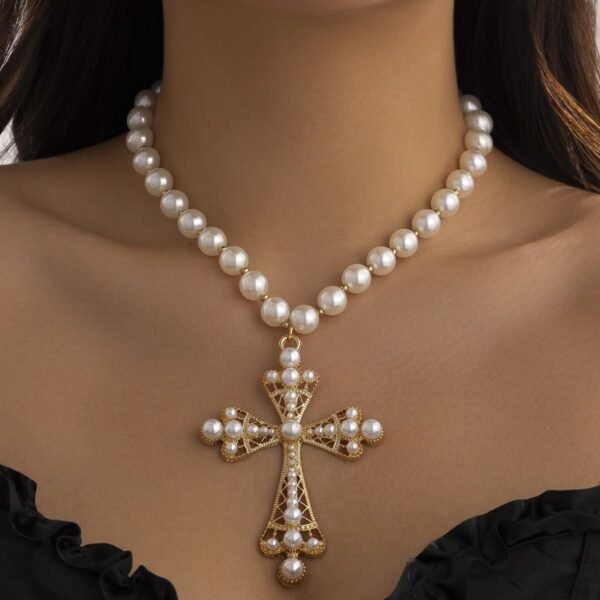 Pearl Cross Necklace for Women,Gothic Gold Chunky Long Big Cross Pendant Necklace,Pearl Beads Chain Large Crucifix Dangle Necklace for Punk Party