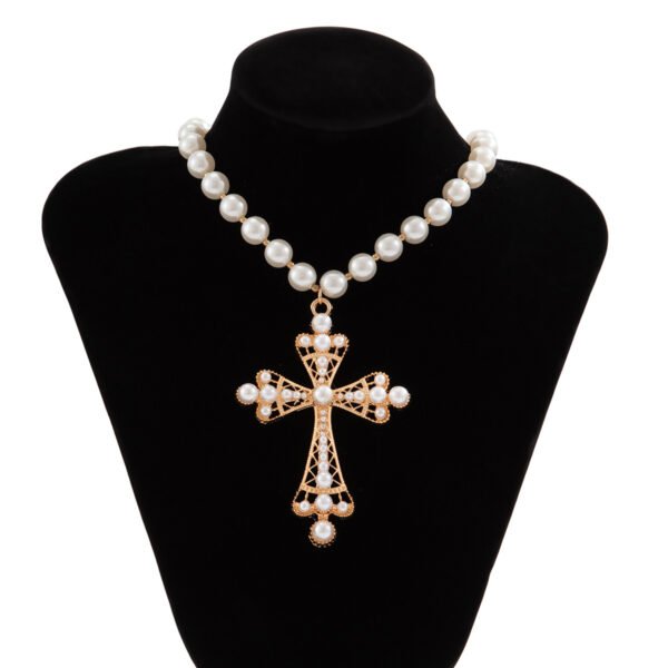 Pearl Cross Necklace for Women,Gothic Gold Chunky Long Big Cross Pendant Necklace,Pearl Beads Chain Large Crucifix Dangle Necklace for Punk Party - 图片 2