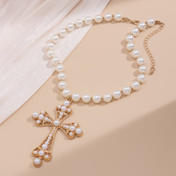 Pearl Cross Necklace for Women,Gothic Gold Chunky Long Big Cross Pendant Necklace,Pearl Beads Chain Large Crucifix Dangle Necklace for Punk Party - 图片 3