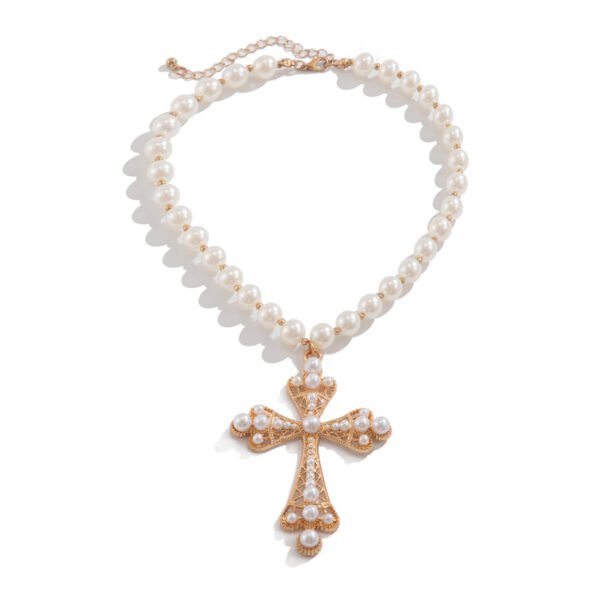 Pearl Cross Necklace for Women,Gothic Gold Chunky Long Big Cross Pendant Necklace,Pearl Beads Chain Large Crucifix Dangle Necklace for Punk Party - 图片 4